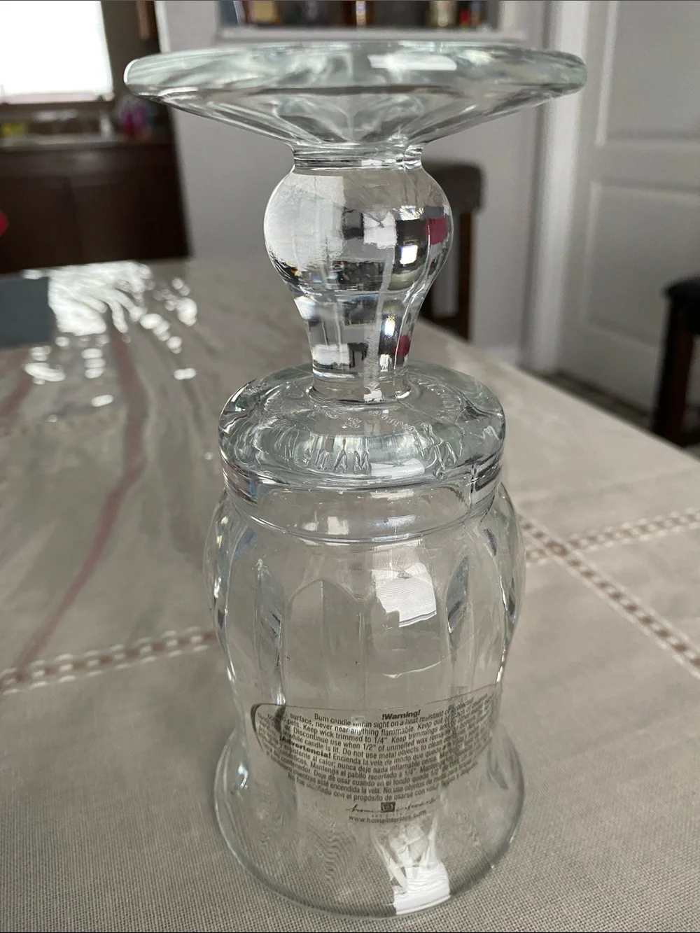 Home Interiors Hurricane Vase Candle Holder Clear Glass Ribbed Footed Ball Stem.